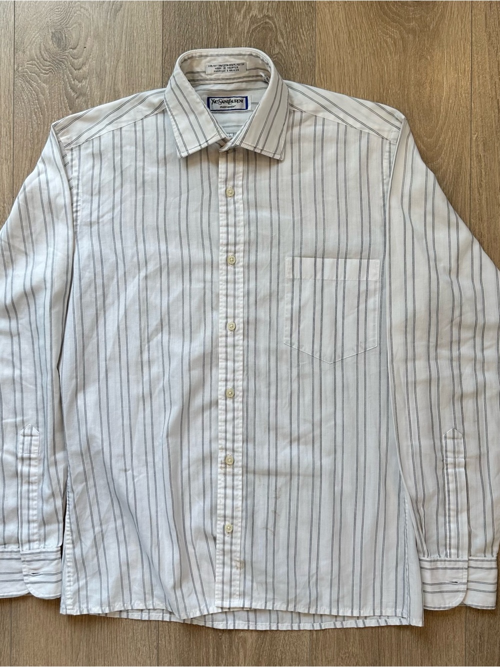 Vintage Yves Saint Laurent White Button Up Shirt with Gray Pinstripes Men’s S